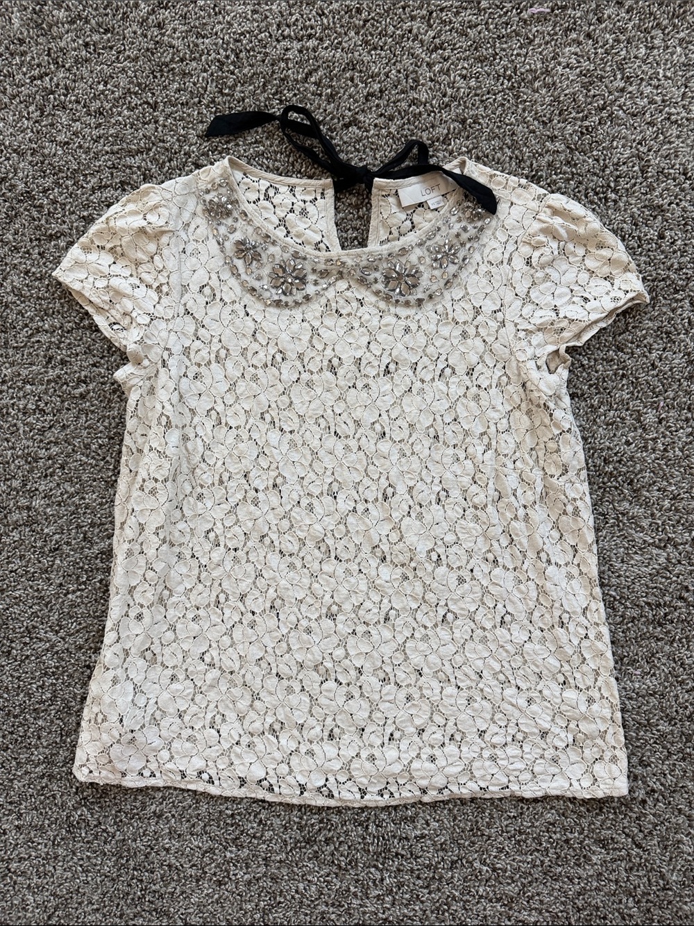 LOFT Cream Lace Top with Jeweled Peter Pan Collar